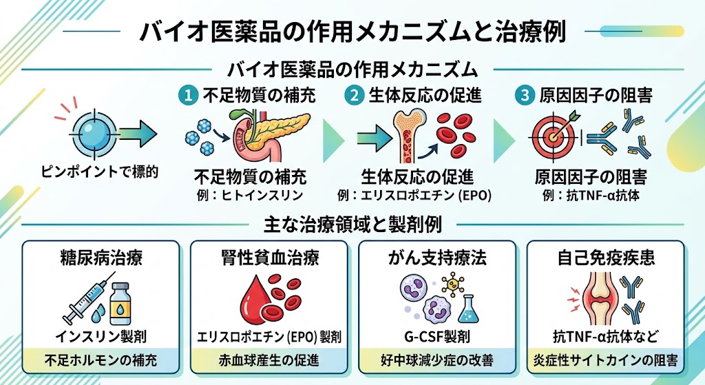 バイオ医薬品の3つの主要な作用メカニズム(補充、促進、阻害)と、対応する治療領域(糖尿病、貧血、がん支持療法、自己免疫疾患)を解説する図解。