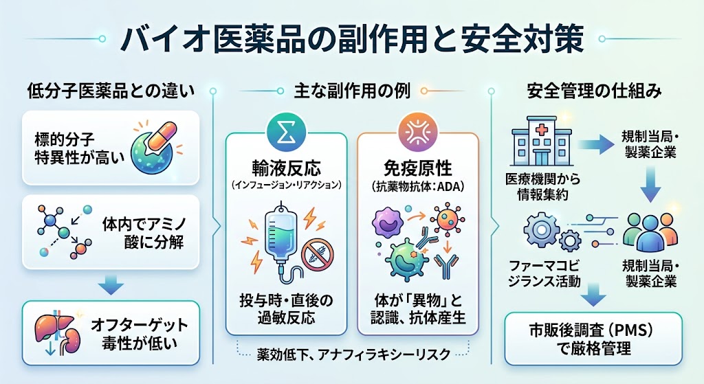バイオ医薬品の副作用と安全対策をまとめた図解。低分子医薬品との違い、輸液反応や免疫原性などの副作用、市販後調査を含む安全管理の仕組みを視覚的に解説しています。