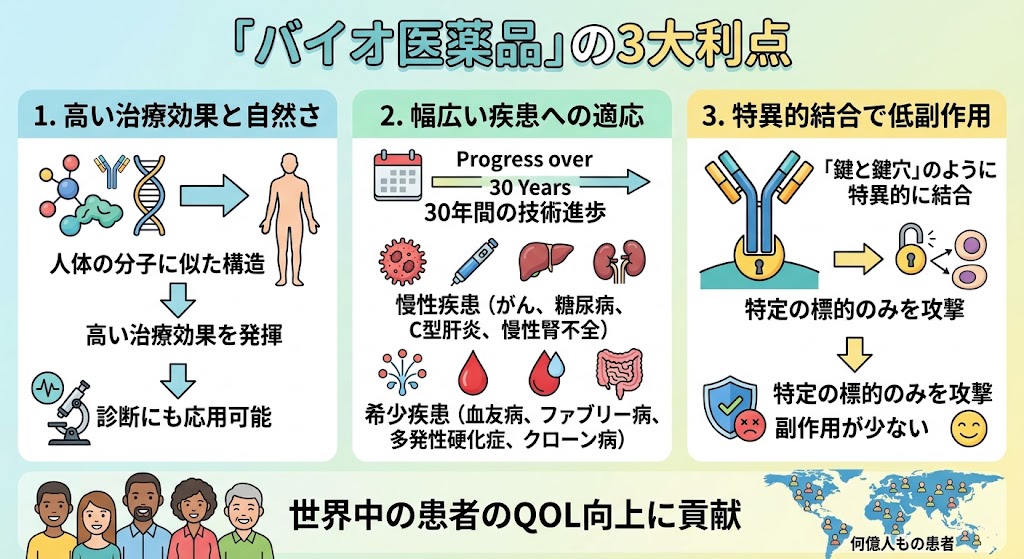 「バイオ医薬品」の3大利点(高い治療効果、幅広い疾患への適応、特異的結合による低副作用)を簡潔に解説したインフォグラフィック。