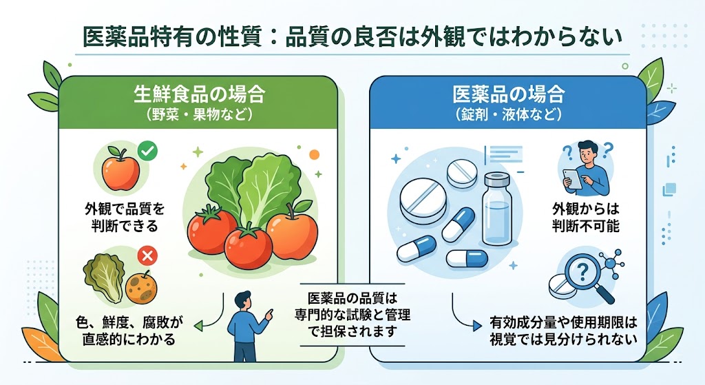 生鮮食品は外観で品質判断可能だが、医薬品は外観では判断できず専門管理が必要であることを示す図。