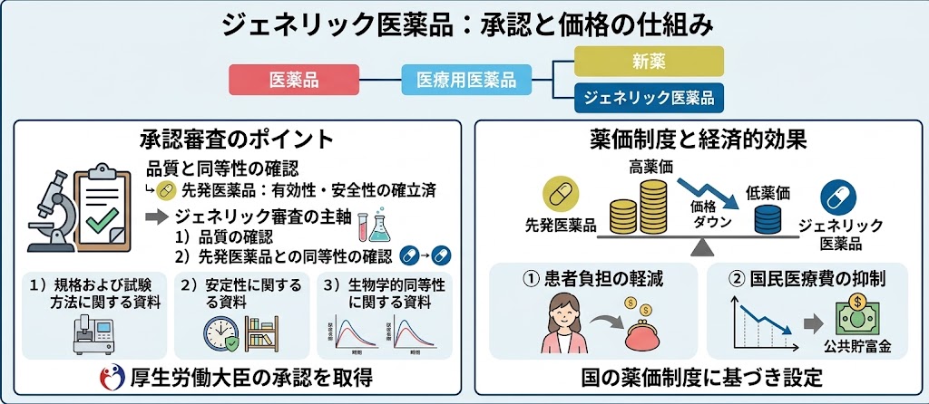 ジェネリック医薬品の承認審査(品質と先発品との同等性確認)と、薬価制度による患者負担軽減・医療費抑制の仕組みを解説した図解。