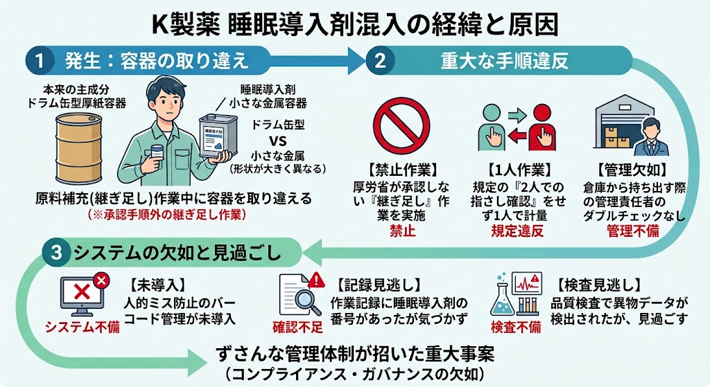 K製薬睡眠導入剤混入事故の原因を説明するインフォグラフィック