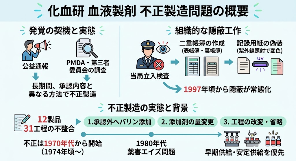 化血研の血液製剤不正製造問題の概要図。公益通報による発覚、組織的な隠蔽工作(二重帳簿、偽装)、承認外製造の実態(12製品31工程)とその背景を解説。