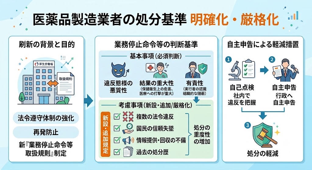医薬品製造業者の処分基準明確化・厳格化のインフォグラフィック。背景、業務停止命令の必須・考慮判断基準(悪質性、有責性など)、自主申告による軽減措置を図解。