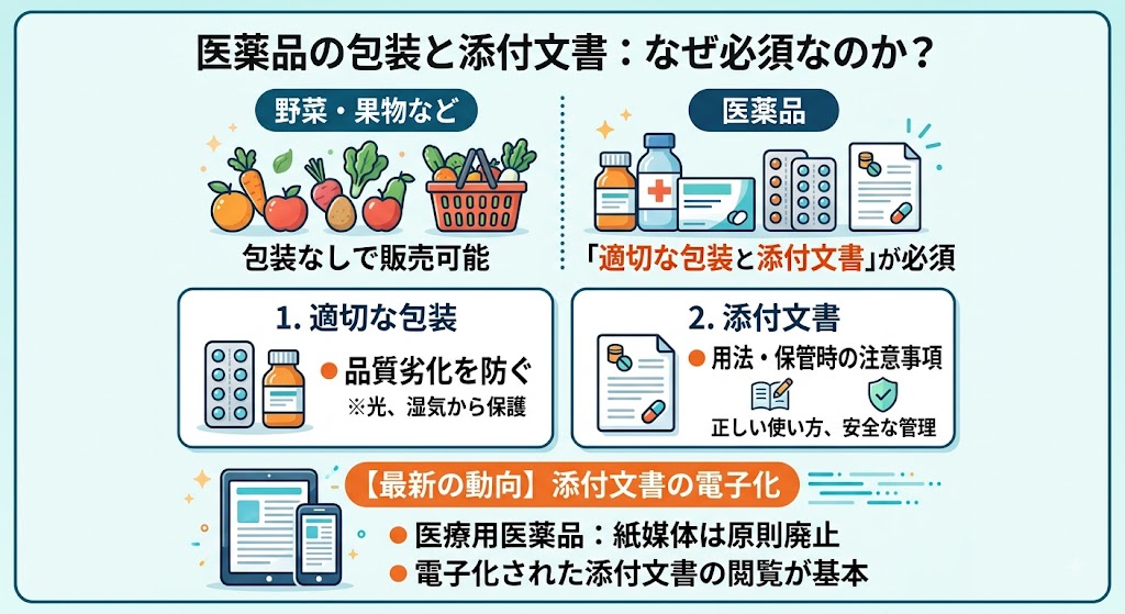 医薬品の包装と添付文書の重要性と、品質劣化防止・用法・電子化などの役割を解説したインフォグラフィック。