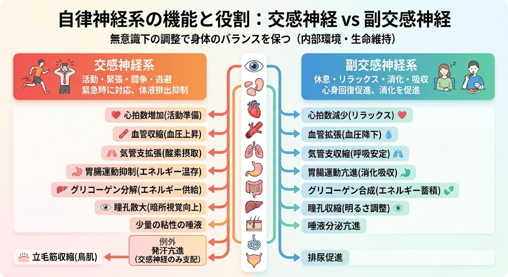 交感神経系と副交感神経系が、心臓や胃腸、目など各器官の機能にどのような作用を及ぼすのかを比較し、自律神経系の役割をまとめた一覧表の図解です。